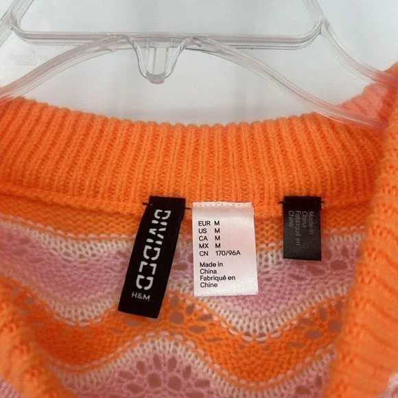 H&M Divided Orange Pink Crochet Pointelle Knit Cropped Sweater Slouchy Size M - Picture 8 of 9